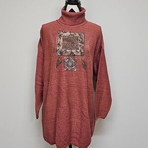 90s Blue Fish Rust Pink Turtleneck Sweater with Abstract Block Print Design